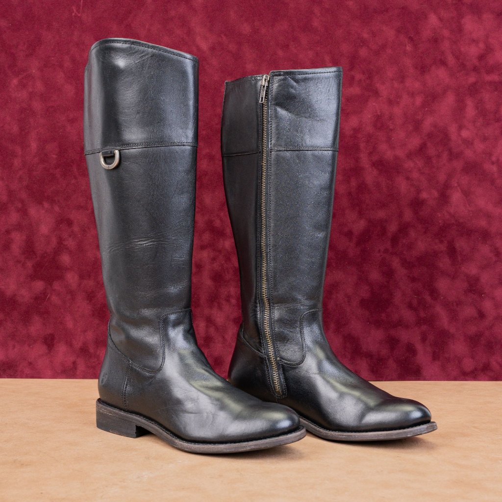 Frye Women Melissa D Ring Black Leather Zip Riding Equestrian Tall Boots Sz 6.5